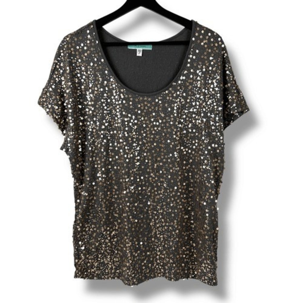 Pleione Womens‎ Gold Sequin Scoop Neck Short Sleeve Top Large